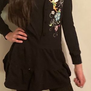 Disney Tinker Bell Black Button Hood Sweater Dress top Glitter 7 / 8 Girls